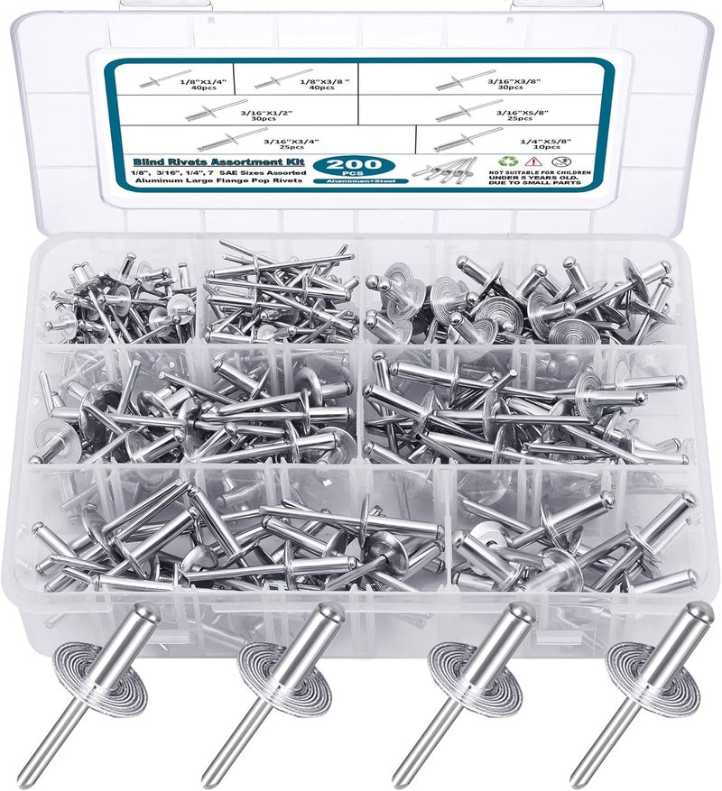 SATANTECH 200PCS Pop Rivets Assortment Kit, Large Flange Aluminum Rivets(1/8" 3/16" 1/4") Assorted Blind Rivets with Case - Image 1